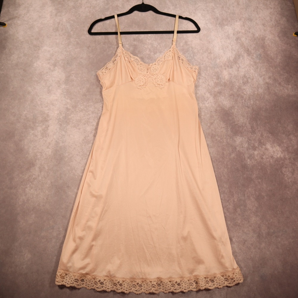 Vintage Vassarette Quintessence Beige Lace Full Slip Nightgown Womens M Coquette